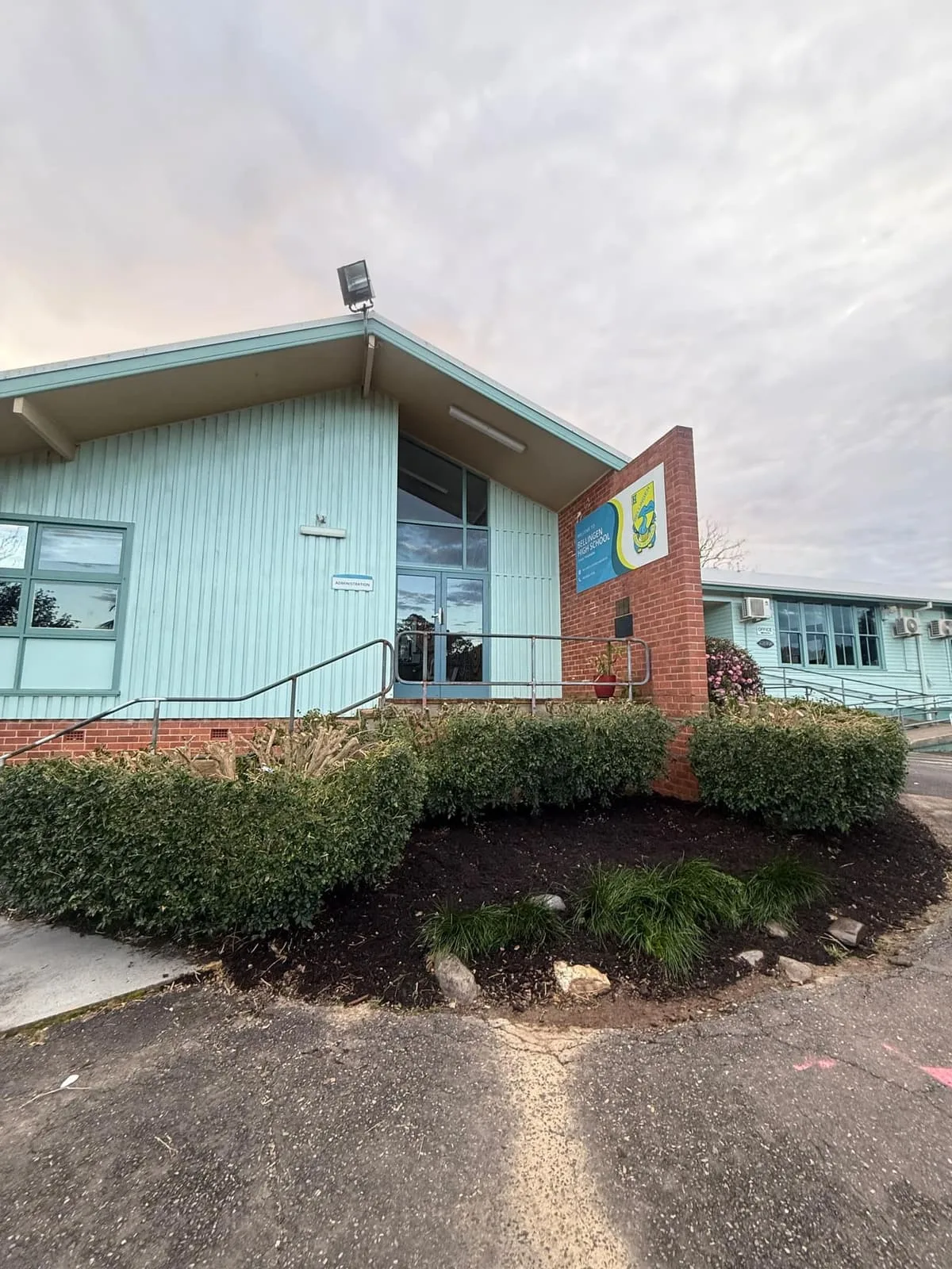 Entrance building at Bellingen High School with new landscaping and paving