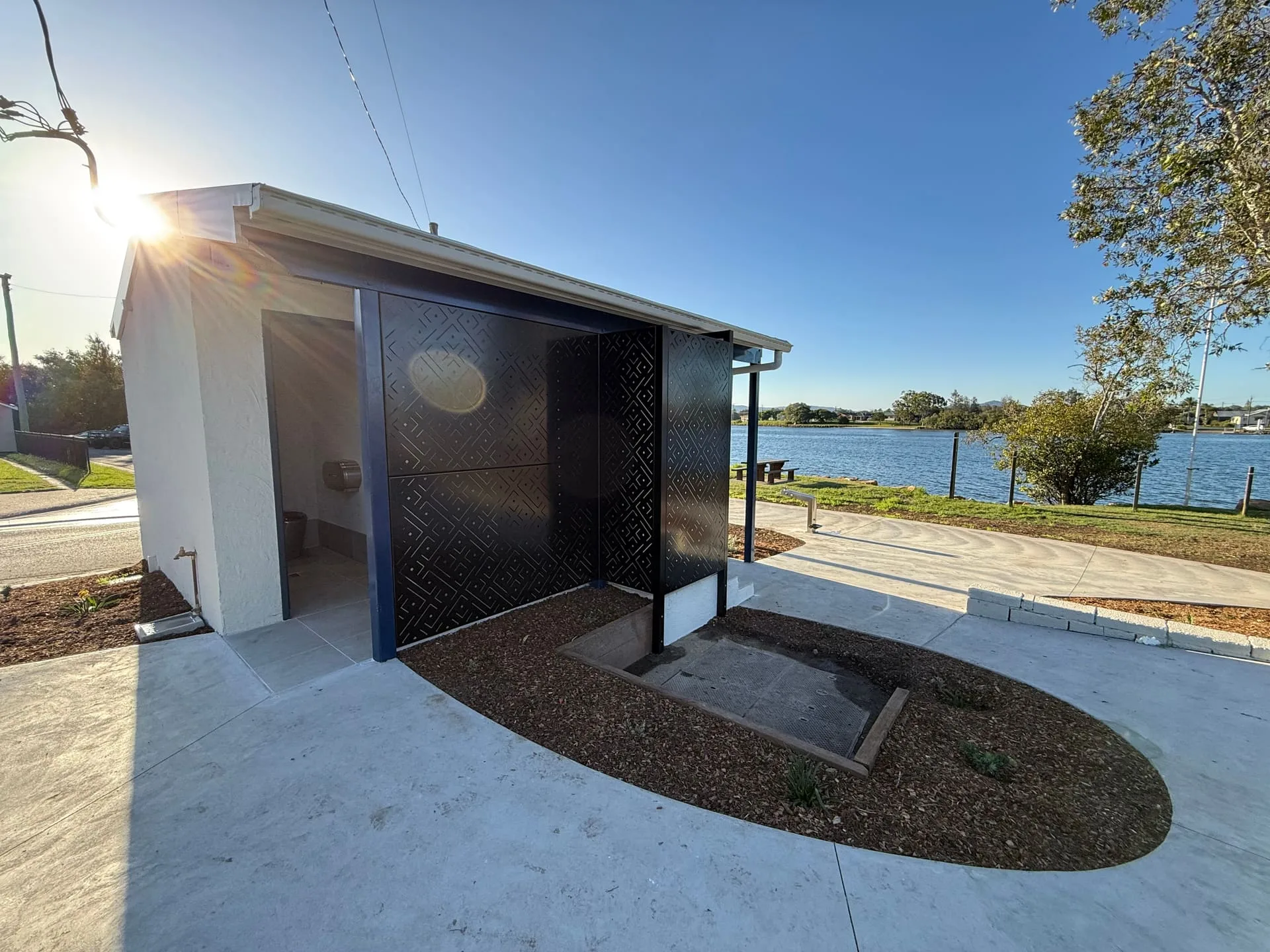 River Street public amenities at sunrise on the Nambucca River foreshore, Macksville