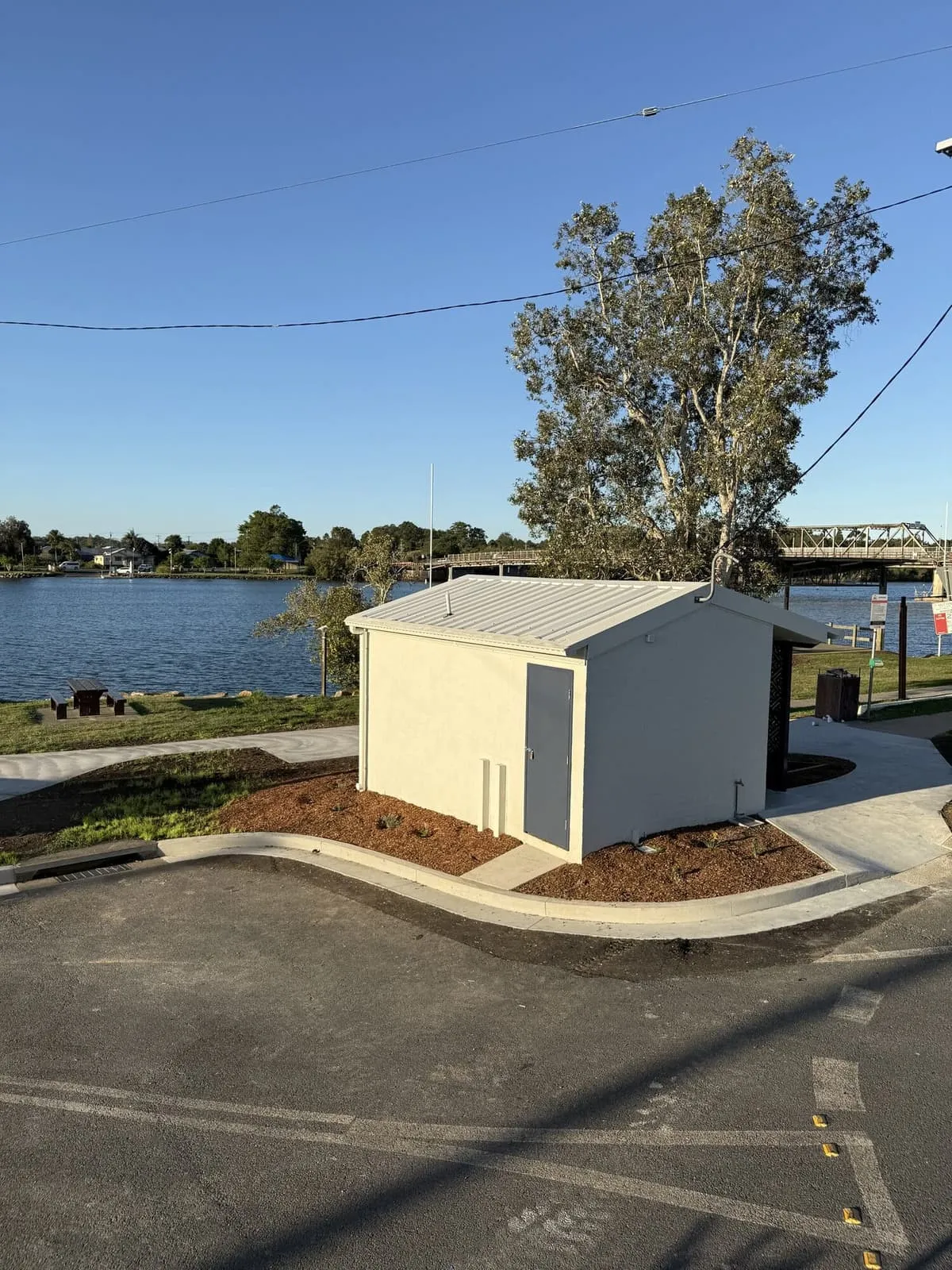 River Street public amenities block completed on the Nambucca River foreshore at Macksville, viewed from the roadside